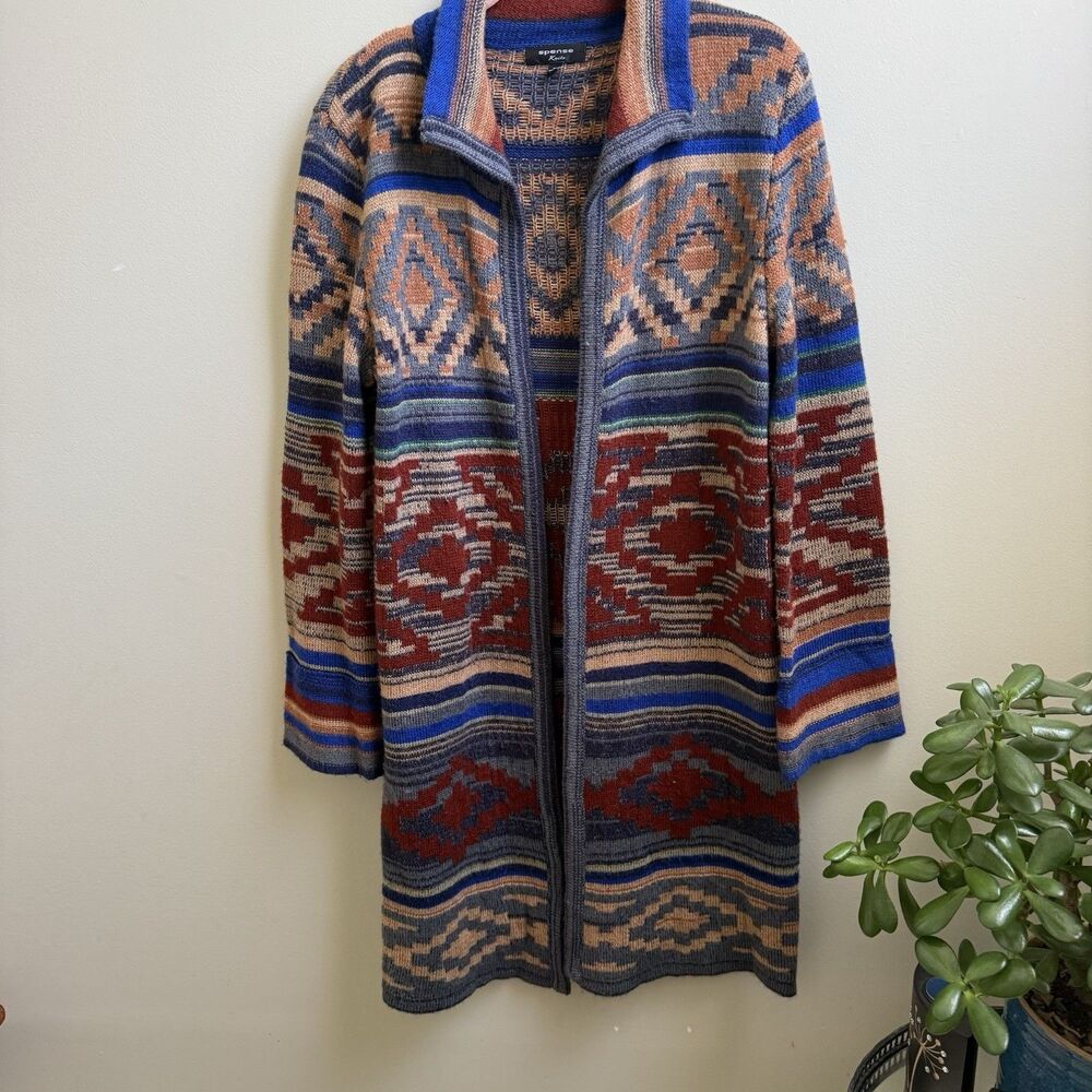Spense Knits Open Front Longline Cardigan Aztec Southwestern Boho Western Size M